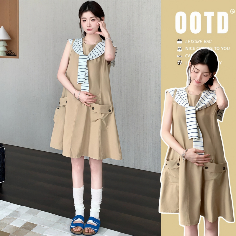 Pregnant Women's Clothing ~ Korean Style Preppy Striped Shawl Sleeveless Maternity Dress for Women, Summer Petite Tank Dress Pregnant Women's Clothing ~ Korean Style Preppy Striped Shawl Sleeveless Maternity Dress for Women, Summer Petite Tank Dress