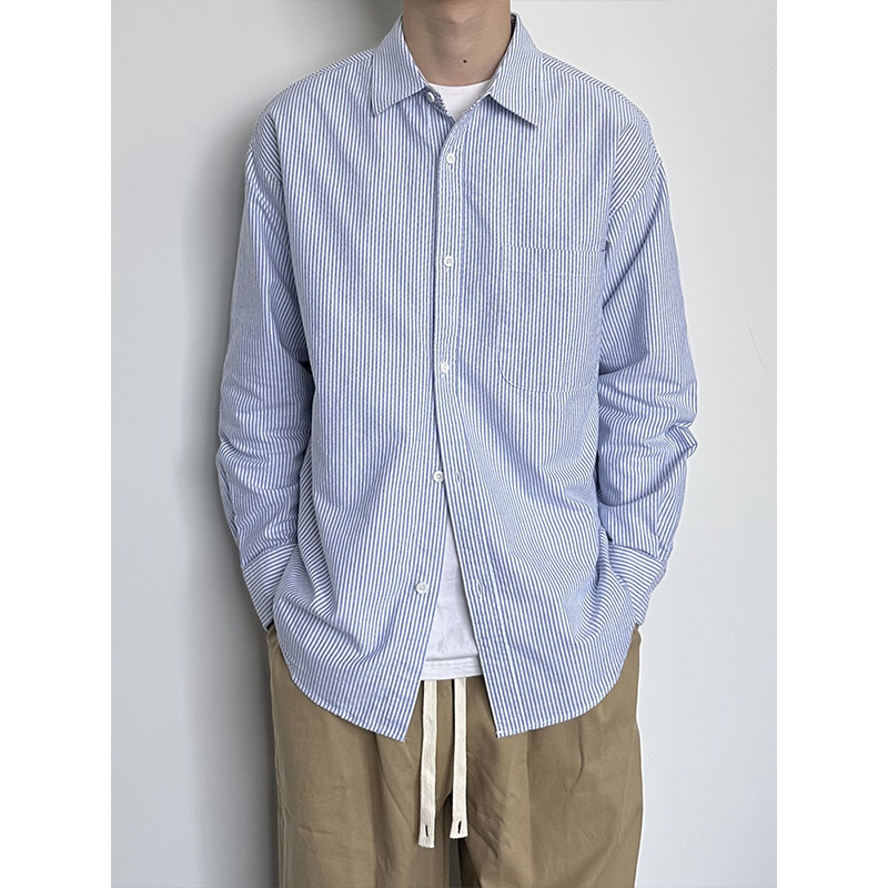 Hmn Studio Japanese-Style Blue Striped Shirt for Men, New Spring and Autumn Trendy Campus Style Loose Casual Long-Sleeve Shirt
