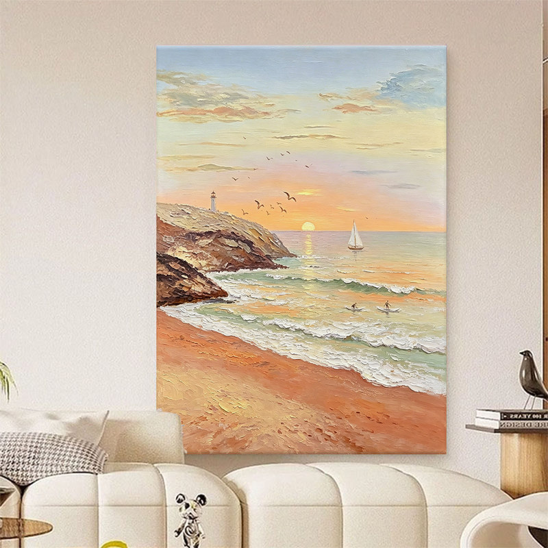 Hand-Painted Oil Painting with Creamy Texture of Seaside Sunrise Scenery, Decorative Painting for Living Room Entrance Hallway Background Wall Hanging Hand-Painted Oil Painting with Creamy Texture of Seaside Sunrise Scenery, Decorative Painting for Living Room Entrance Hallway Background Wall Hanging