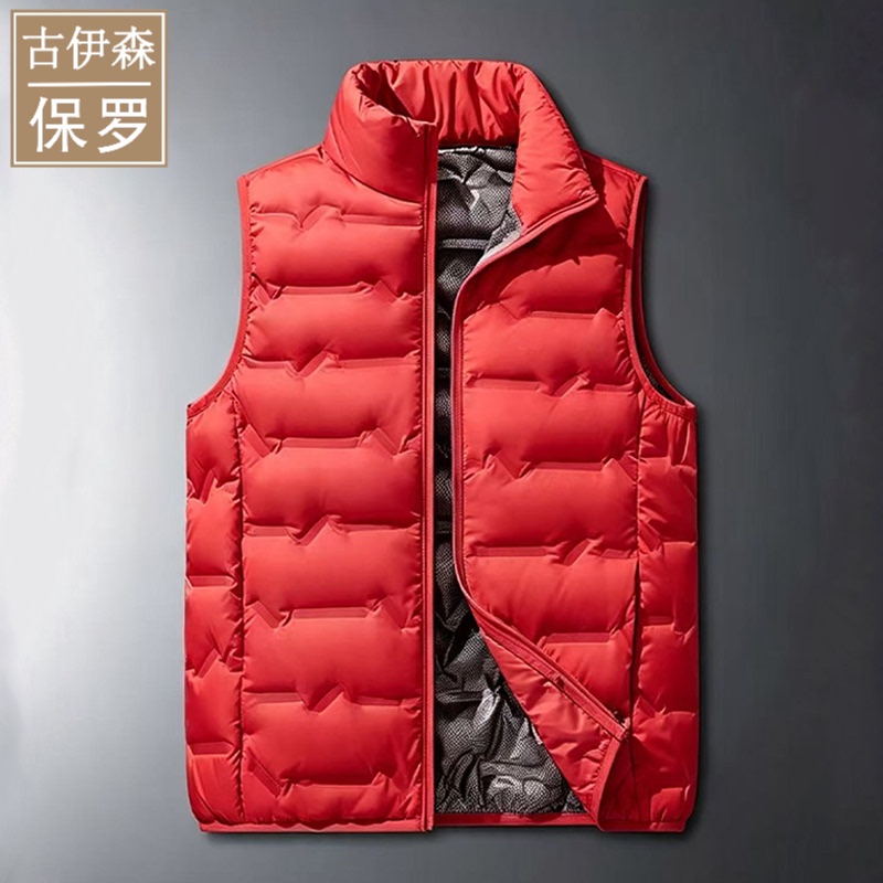 Paul's New Red down Cotton Vest for Men, Stand Collar, Lightweight, Solid Color, Suitable for Middle-Aged Men, Outerwear