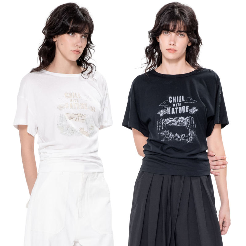 Trou Noir Black Hole 2026 Summer New Round Neck Open Shoulder Printed T-Shirt for Women Beautiful Short-Sleeved Blouse Top