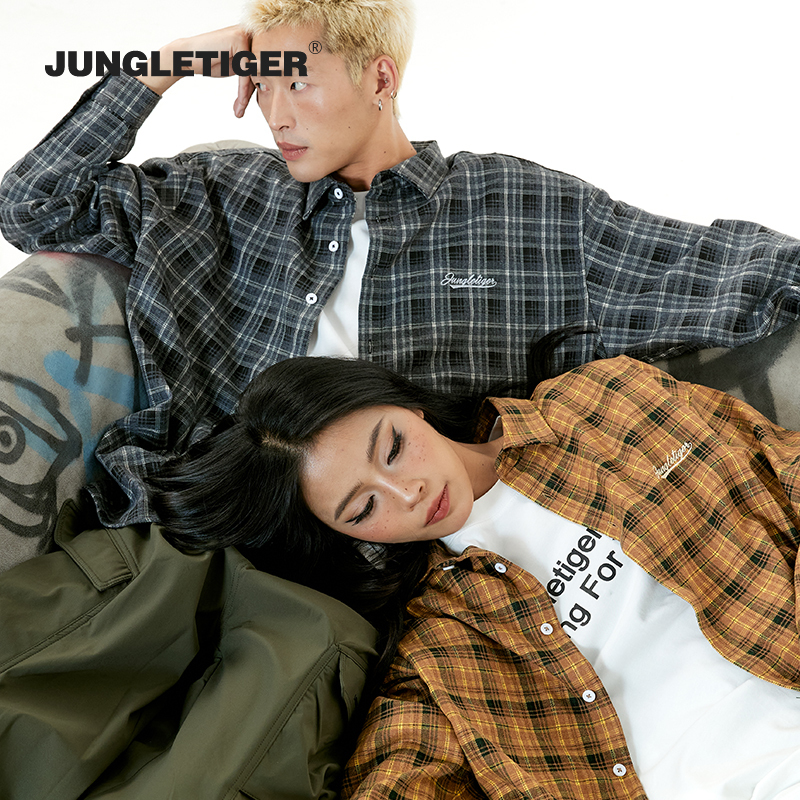 Jungle Tiger American Logo Embroidered Plaid Long-Sleeved Shirt Spring & Fall Street Retro Loose Men's and Women's Shirt Jacket