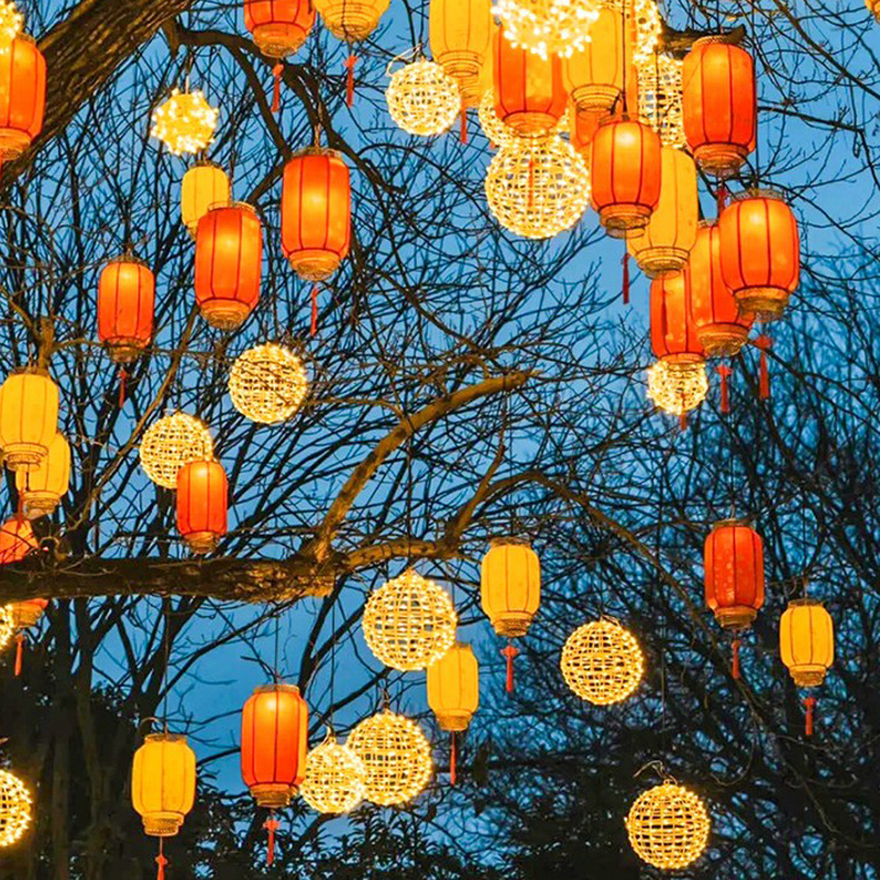 New Year Red Lanterns Outdoor Led Rattan Ball Hanging Tree Sheepskin Lights Holiday Decorative Lights Project Lighting Street Atmosphere Lights