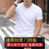 2022 new summer short-sleeved t-shirt mens heavy solid color half-sleeved V-neck bottoming shirt t-shirt white summer boys tide