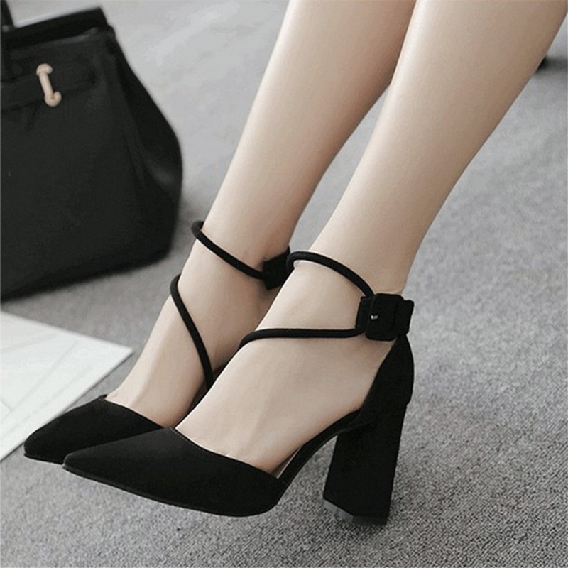 2026 Spring and Autumn New Chunky Heel High Heels for Women, Korean Style Versatile Black Pointed Toe Ankle Strap Single Shoes Trendy 2026 Spring and Autumn New Chunky Heel High Heels for Women, Korean Style Versatile Black Pointed Toe Ankle Strap Single Shoes Trendy