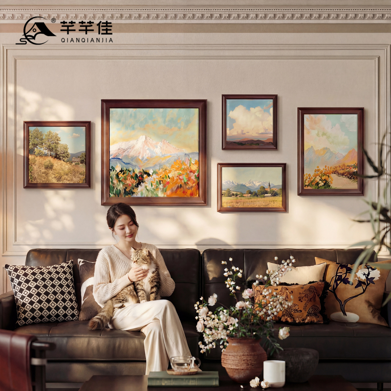 French-Style Landscape Sofa Background Wall Hanging Painting with a Backrest, Living Room Decorative Painting, Antique-Style Niche Art Combination Painting French-Style Landscape Sofa Background Wall Hanging Painting with a Backrest, Living Room Decorative Painting, Antique-Style Niche Art Combination Painting