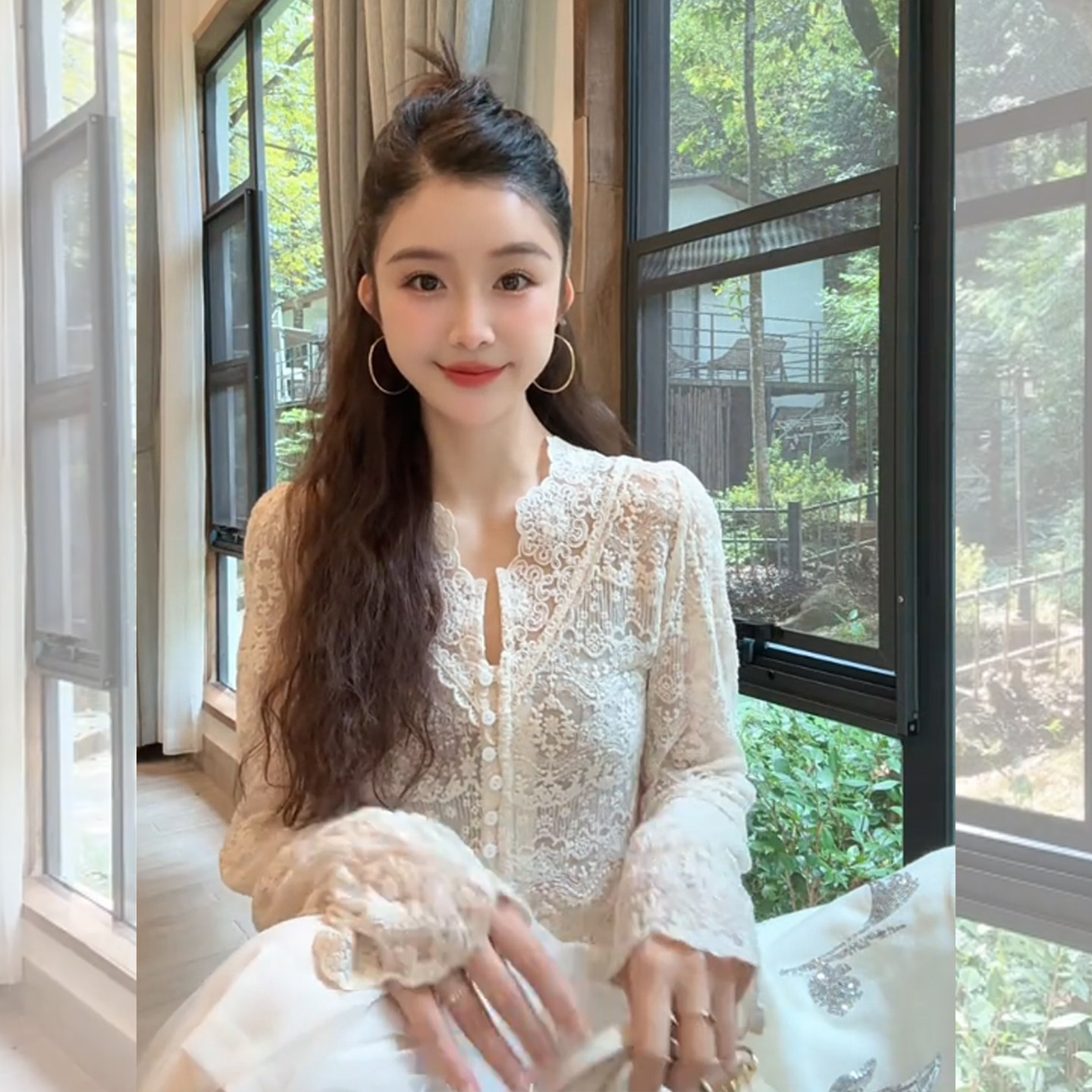 Французская кружевная рубашка с вязаным низом и V-образным вырезом, женская осенне-зимняя новинка, уникальный и шикарный свободный и тонкий многослойный топ