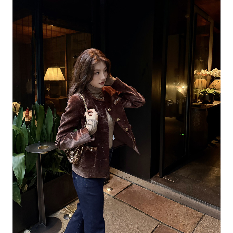 Long Xier [Zurich's Daughter] Velvet Jacket and Vest Set for Women, Vintage Chanel Style with Gold Sequins L330