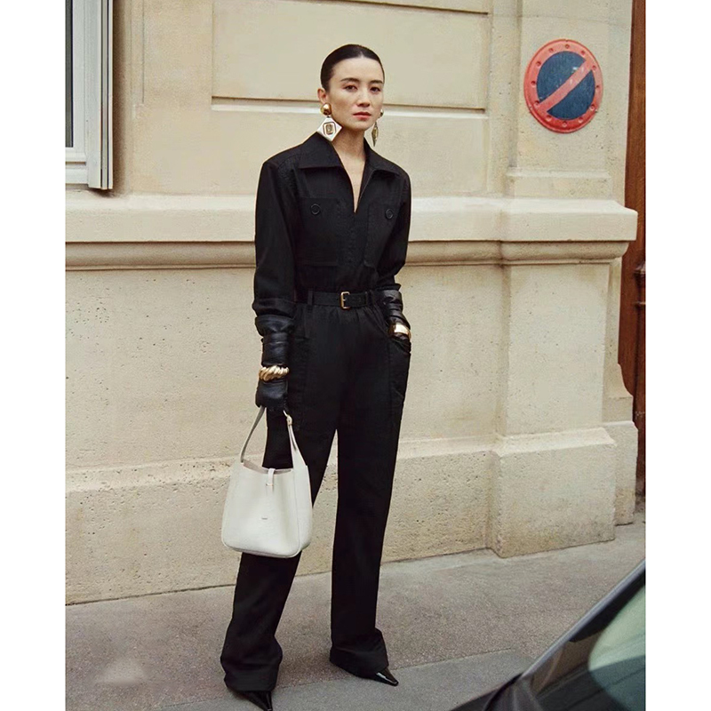 Cool and Stylish High-Neck Four-Pocket Zip-Up Waist-Cinching Jumpsuit, Spring Workwear, Vintage Hunting Outfit, Wide-Leg Jumpsuit