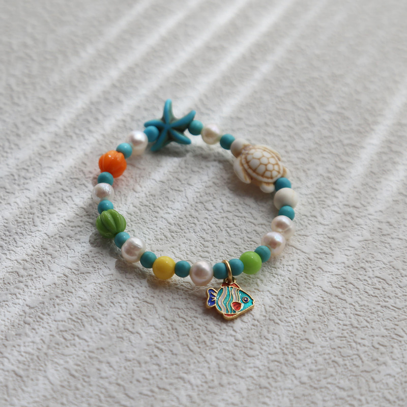 Natural Freshwater Baroque Pearl Children's Bracelet with Turquoise Ocean Elements, Starfish, Turtle, Cute Forest Style