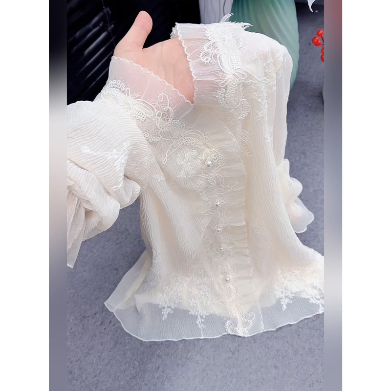 2026 Spring/Summer New Style Beige Lace Patchwork Long Sleeve Shirt for Women with Pearl Decoration and Ruffle Design Top