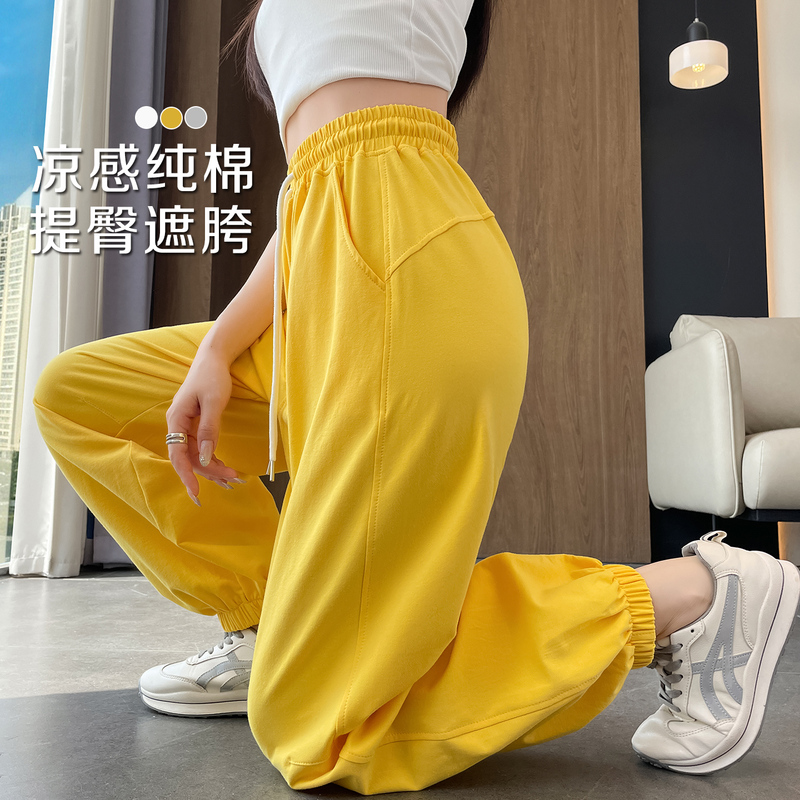 Pure Cotton Yellow Sports Casual Pants for Women, Summer Thin Style, Petite Size, Jogger Straight-Leg Pants, Loose Fit, Sun-Protective, American Style Pants