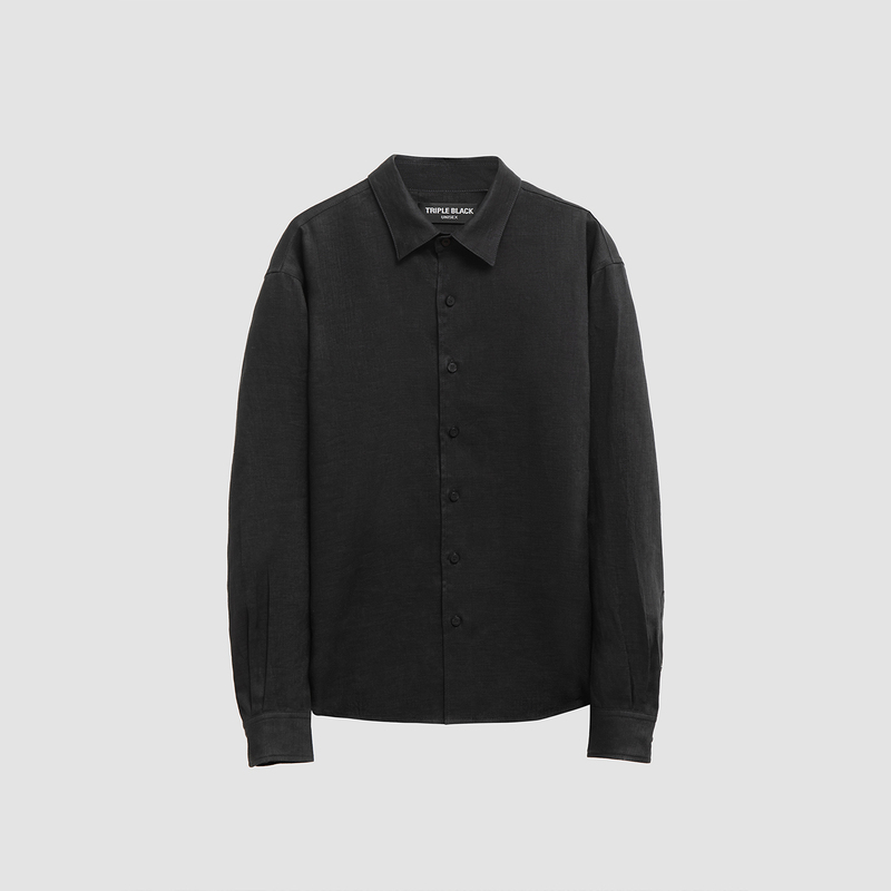 3Blk Tsudou 60-Count French Linen Black Long-Sleeve Shirt, Old Money Slightly Loose Fit