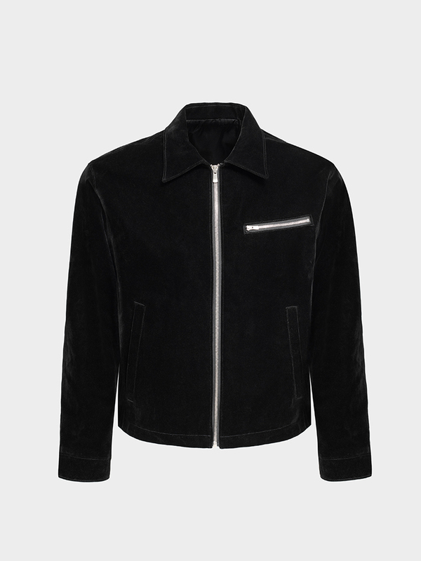 Triple Black Black Velvet Denim Jacket Excella Zipper Lapel Thin Jacket