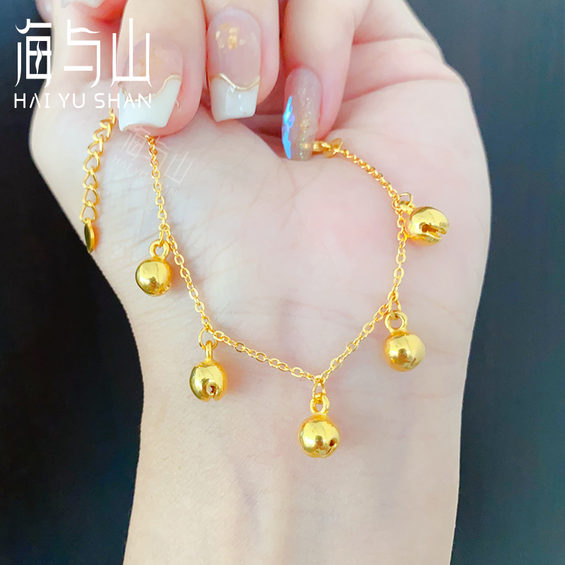 Gold Bell Bracelet for Women, 999 Pure Gold, Fashionable Shiny Children's Bell Anklet, Pure Gold Adjustable Hand Jewelry