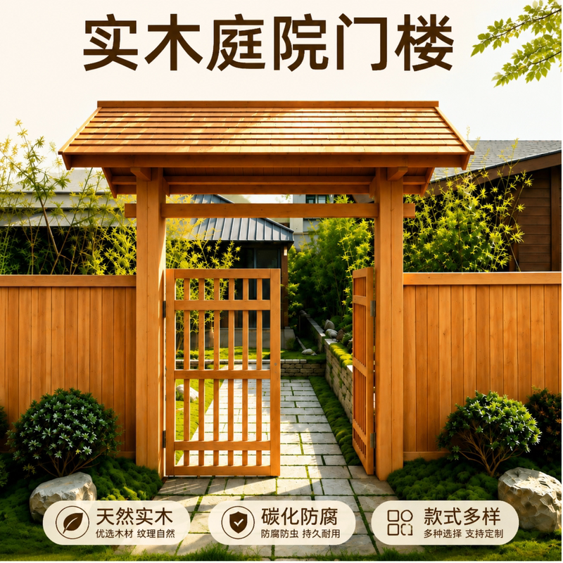 Chinese-Style Archway, Anti-Corrosion Wooden Gate, Landscape Design for Tourist Areas, Thatched Gate, Villa Entrance, Garden, Rural Homestay, Japanese-Style Courtyard