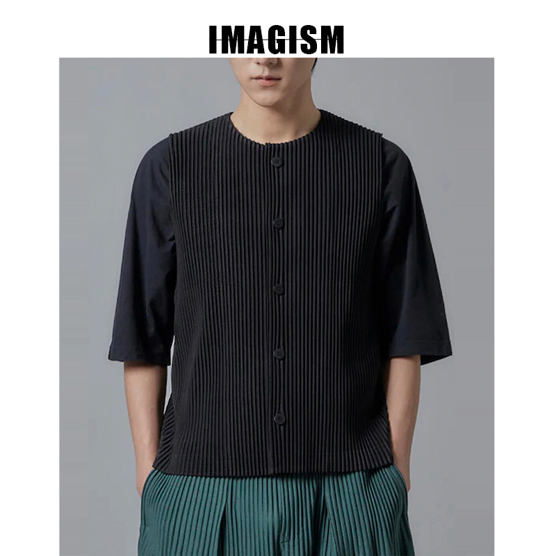 Imagism High-End Japanese Style Non-Miyake Pleated Casual Vest Sleeveless Round Neck Vest for Men Je152
