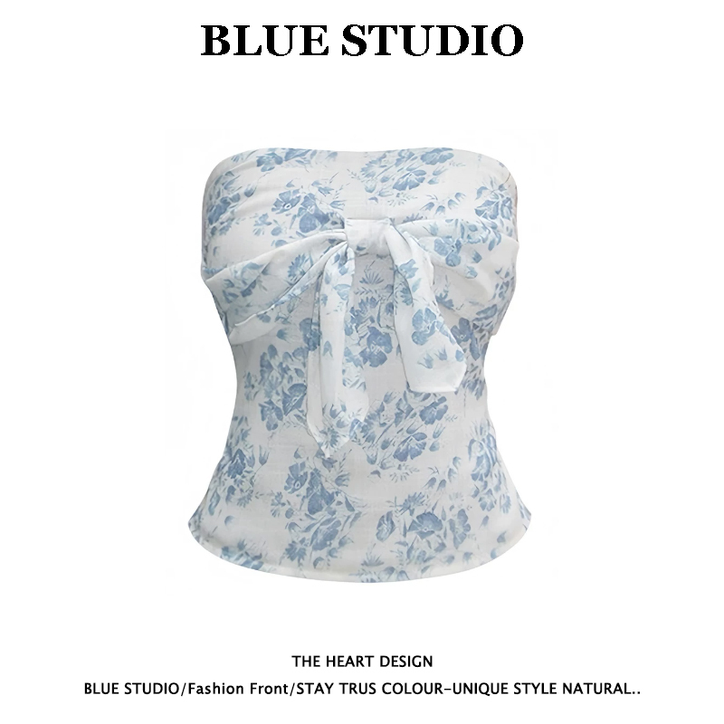 Blue Floral Bow-Tie Tube Top for Women, Summer Outerwear, Slim-Fit Sleeveless Vest, Cool New Chinese-Style Off-Shoulder Short Top