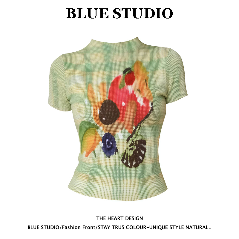 Green Fruit Print Half-High Collar Short-Sleeved T-Shirt for Women Summer Y2K Dopamine Cute Pleated Tight-Fitting Short Top