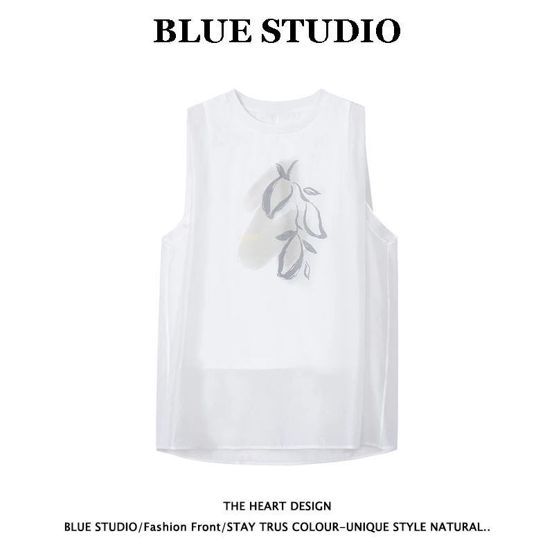 White Ink Wash Mango Print Mesh Sleeveless Vest for Women, Summer Outerwear, Faux Two-Piece, Petite Loose Straight Top