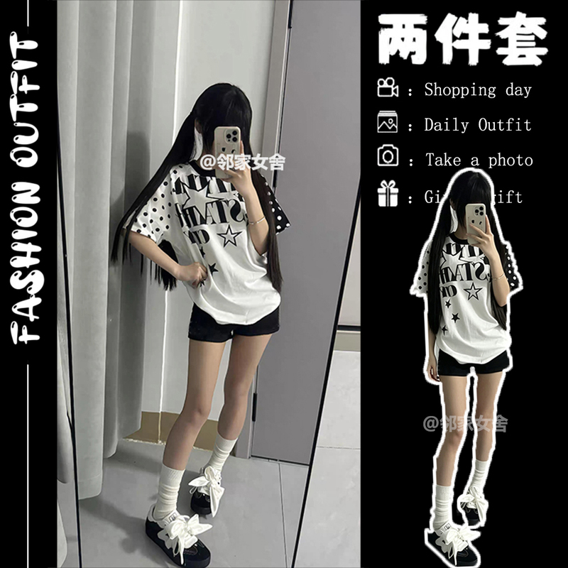 Beautiful Summer Outfit 2026 New Style Polka Dot Raglan Sleeve Short-Sleeve Star T-Shirt for Women + Denim Shorts Set