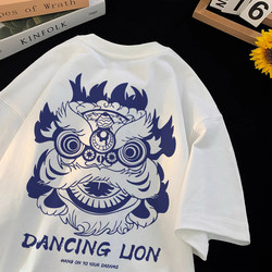 New Chinese-Style Lion Dance Print Loose Top, New Chinese-Style Men's T-Shirt, Heavy Cotton, Couple Short-Sleeve Summer Wear