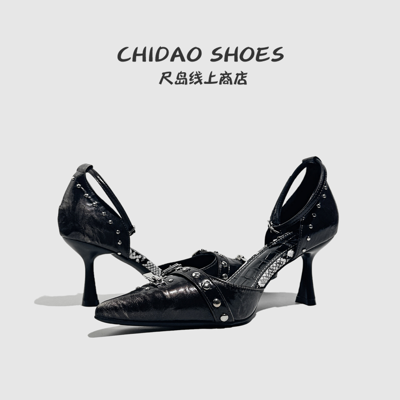 【Shi Island】Original Niche Punk Hot Girl Pointed-Toe High-Heeled Sandals for Women, Color-Polished Snake-Pattern Studded High-Heeled Shoes, Trendy
