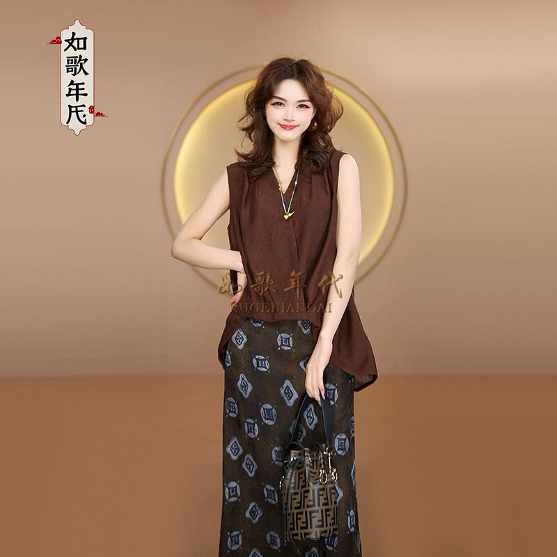 Wenxu - Song Dynasty Style Cross V-Neck Top, Summer Niche Design Sleeveless Vest, Loose Shirt for Women