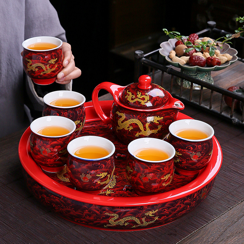 Chinoiserie Red Festive Wedding Tea Set with One Pot and Six Teacups Red Auspicious Dragon Kung Fu Tea Set Chinoiserie Dowry Gift Chinoiserie Red Festive Wedding Tea Set with One Pot and Six Teacups Red Auspicious Dragon Kung Fu Tea Set Chinoiserie Dowry Gift