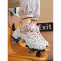 High-end girls Heelys shoes for children medium and large children four-wheel one-click shrinkable hidden skates double-row rollers for girls