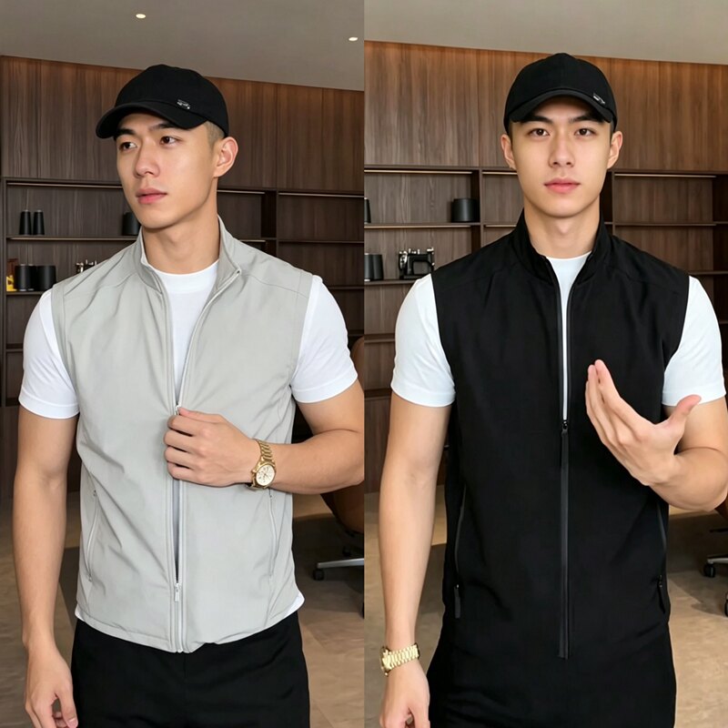 Summer New Lightweight Breathable Zipper Stand-Up Collar Vest Jacket for Men Outdoor Quick-Drying Sports Casual Sleeveless Jacket