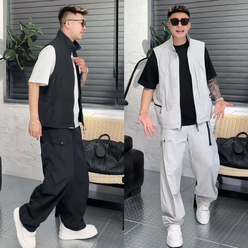 Summer New Lightweight Sports Casual Suit for Men, Trendy Outdoor Workwear, Stand-Up Collar Vest, Scimitar Pants Two-Piece Set