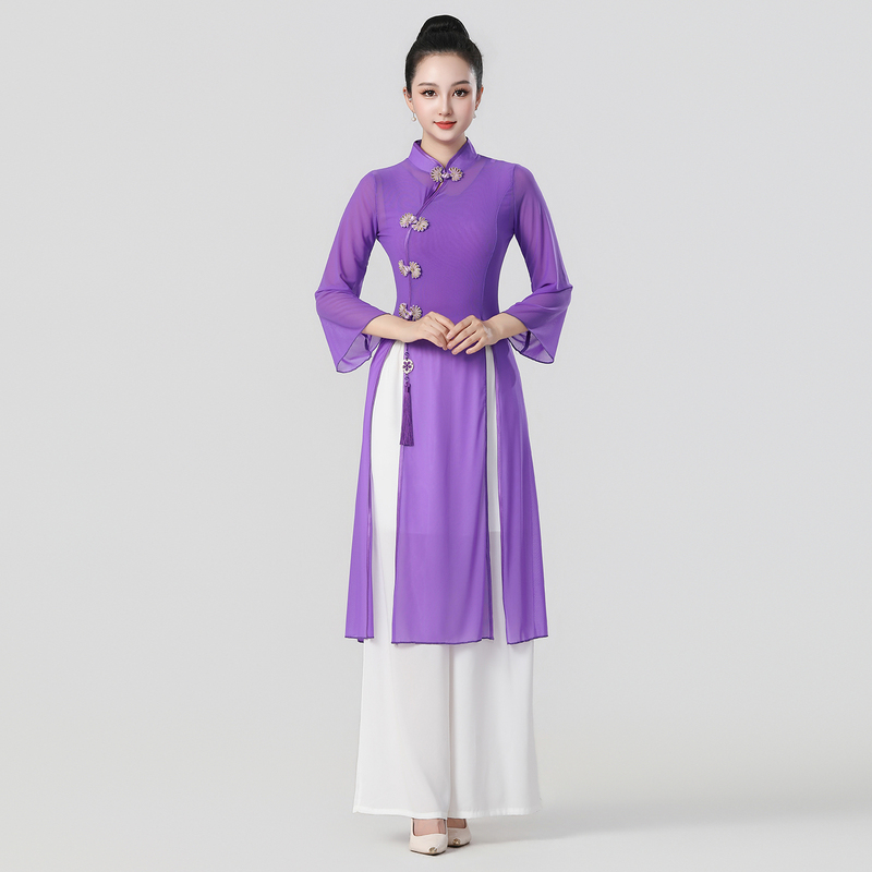 Purple Cheongsam Chinese Oriental Aesthetics Mesh Ao Dai Stretch Cheongsam Runway Show Zen Clothing Practice Stage Performance Gauze Dress Purple Cheongsam Chinese Oriental Aesthetics Mesh Ao Dai Stretch Cheongsam Runway Show Zen Clothing Practice Stage Performance Gauze Dress