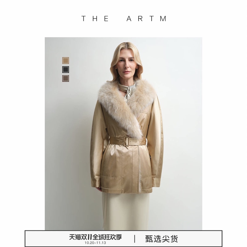 [Detachable Fox Fur Collar] the Artm Batwing Sleeve Lapel Waist-Cinching Parka Autumn and Winter New Women's Coat