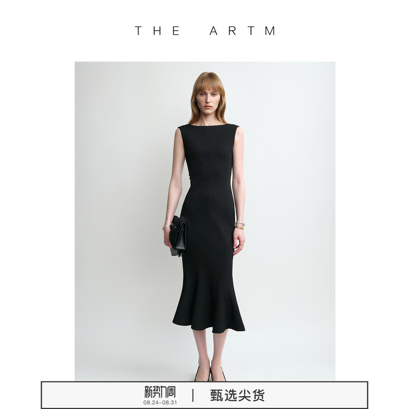 [Rachel Dress] the Artm Triacetate Boat Neck Sleeveless Bodycon Fishtail Black Dress Summer Little Black Dress