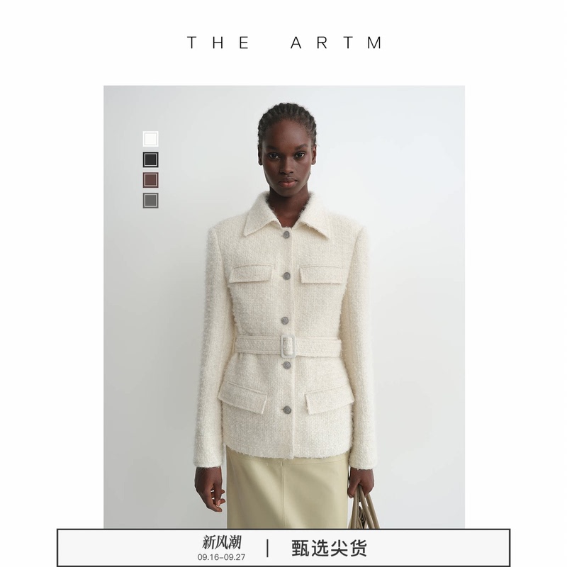 The Artm Mohair Wool White Waist-Cinching Coat Tweed Lapel Chanel-Style Jacket Autumn and Winter Coat for Women