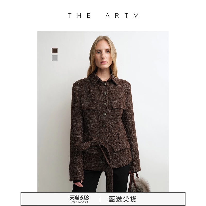 The Artm Waist-Cinching Shirt-Style Tweed Jacket for Women, Wool Tweed with Belt, Spring Short Jacket, 26 New Styles The Artm Waist-Cinching Shirt-Style Tweed Jacket for Women, Wool Tweed with Belt, Spring Short Jacket, 26 New Styles