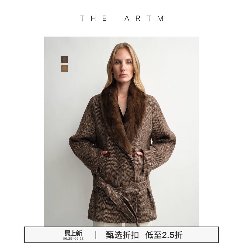 The Artm Large Green Fruit Collar Alpaca Wool Coat Double-Breasted Detachable Fur Collar Belt Short Wool Coat Autumn and Winter Women's