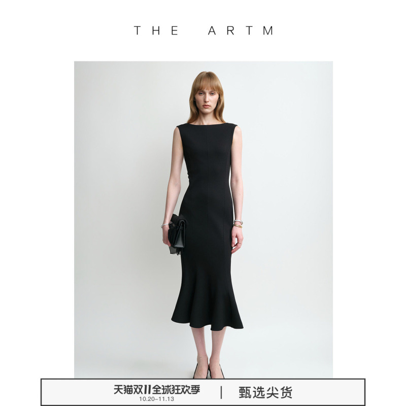 [Rachel Dress] the Artm Triacetate Boat Neck Sleeveless Bodycon Fishtail Black Dress Summer Little Black Dress