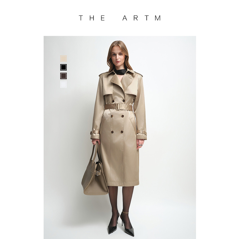 【Intelligent Wardrobe】The Artm Silk Khaki Slim Fit Trench Coat for Women, New Autumn Style, Waist-Cinching Mid-Length Model 【Intelligent Wardrobe】The Artm Silk Khaki Slim Fit Trench Coat for Women, New Autumn Style, Waist-Cinching Mid-Length Model