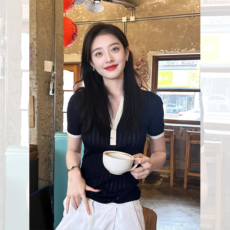 Black Polo Shirt, Regular Shoulder Short-Sleeve T-Shirt for Women, Summer French Style, Unique Short Design, Niche Knit Top