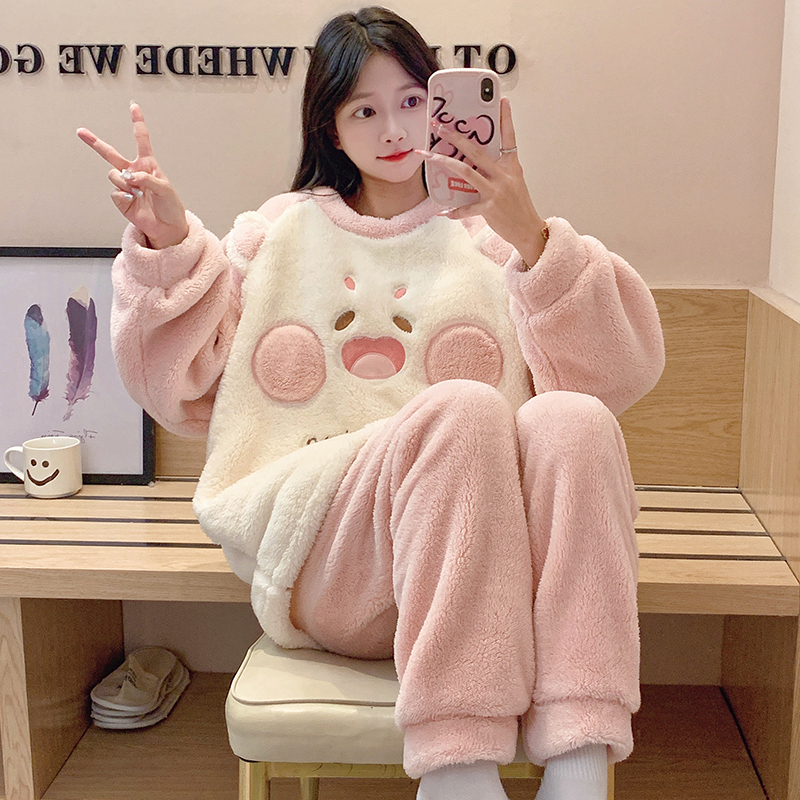 Coral Velvet Pajamas for Women, Autumn and Winter, Thickened and Fleece-Lined, Cute Flannel Loungewear, Winter Student Warm Set