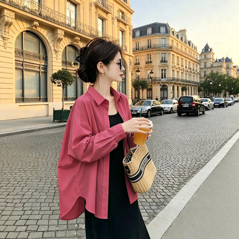 Raspberry Pink Shirt for Women, 2026 New Autumn Style, Petite Long-Sleeve Shirt, French Chic, Age-Reducing Top