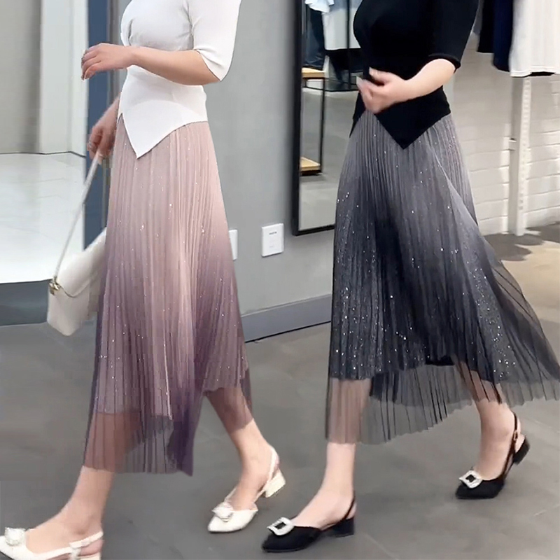 Gradient Color Mesh Skirt for Women 2026 Summer New High-Waisted A-Line Skirt Mid-Length Starry Pleated Gauze Skirt