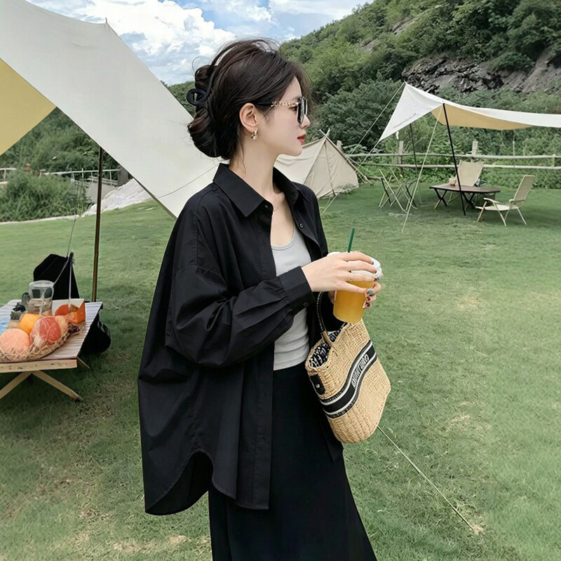Black Long-Sleeved Shirt for Women 2026 New Spring and Autumn Loose Lazy Style Shirt Minimalist Top Lapel Casual Jacket