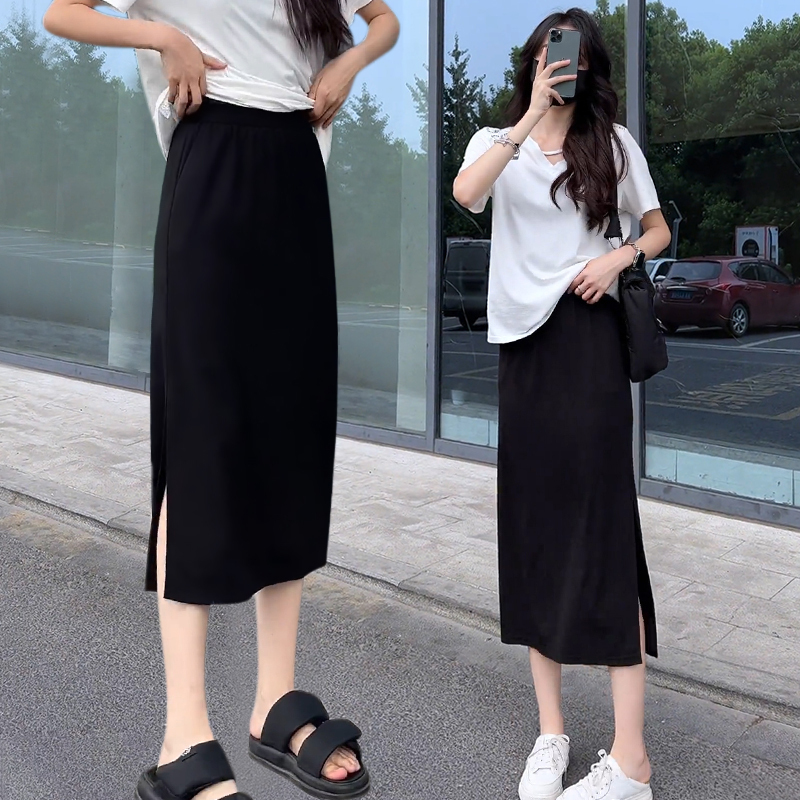 Black Skirt with Side Slit for Women, Slimming, Summer 2026, New Spring and Autumn Style, Petite, Mid-Length, Casual Straight Pencil Skirt
