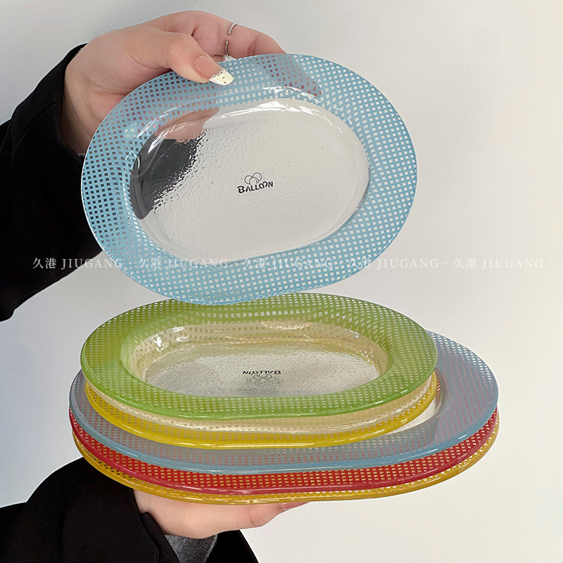 Korean Style ins Trendy Oval Plate Dopamine Colored Glass Plate Breakfast Plate Fruit Plate Dessert Display Plate