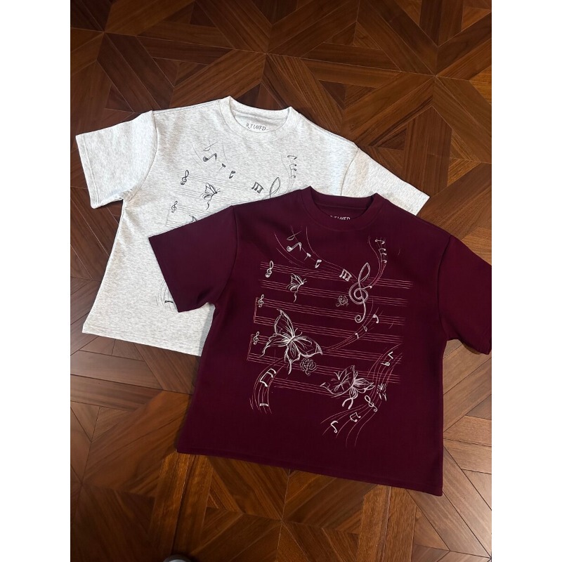 Rtimfd Tencel Lyocell Burgundy Four-Stripe Butterfly Short-Sleeve T-Shirt, Hong Kong Design, Regular Shoulder Fit, 270g Ice-Feel T-Shirt