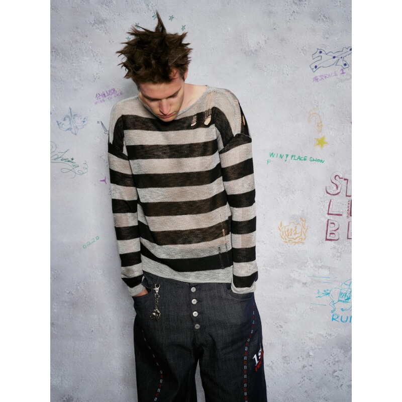 Wanna Lab 26Ss Hand-Knitted Ripped Black and White Striped Dirty-Dyed Ultra-Thin Pullover Round Neck Long-Sleeve Sweater