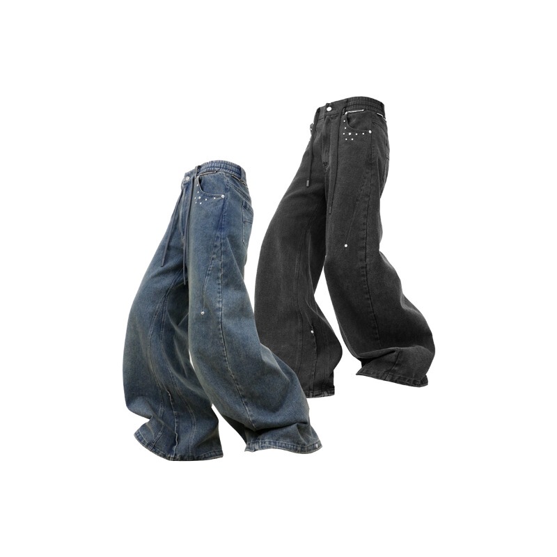 Relabel (Xu Kuo) Large Slit Reverse Pleated Relaxed A-Line Fit Casual Slightly Wide Pleated Washed Denim Jeans